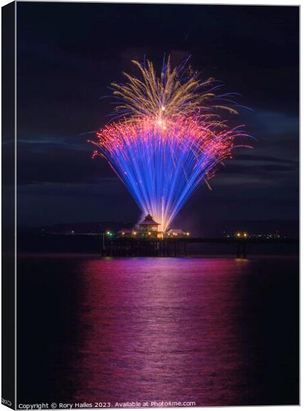Clevedon Pier Coronation Fireworks on a calm and t Canvas Print by Rory Hailes