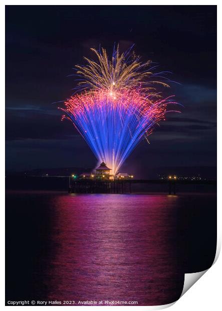 Clevedon Pier Coronation Fireworks on a calm and t Print by Rory Hailes
