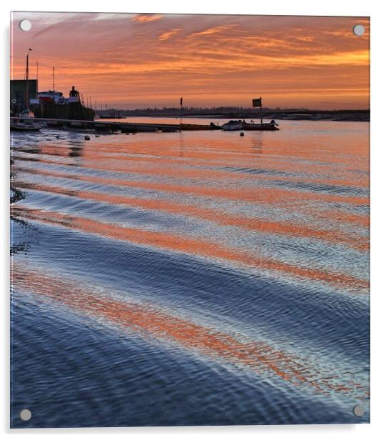 Sunrise reflections over er the passing wakes at Brightlingsea Harbour Acrylic by Tony lopez