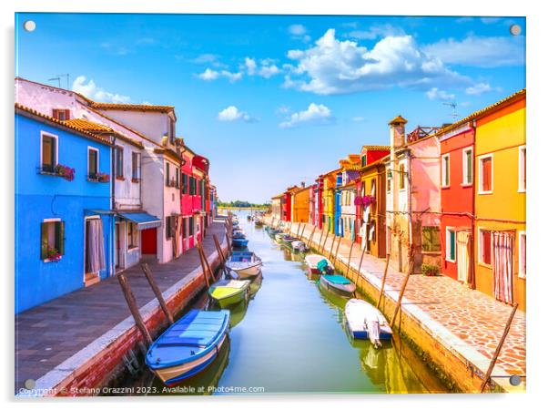 Burano island canal, colorful houses and boats. Venice lagoon Acrylic by Stefano Orazzini