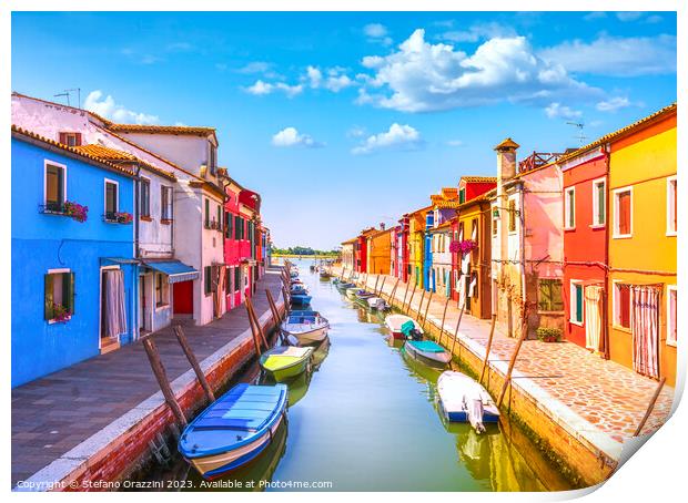 Burano island canal, colorful houses and boats. Venice lagoon Print by Stefano Orazzini