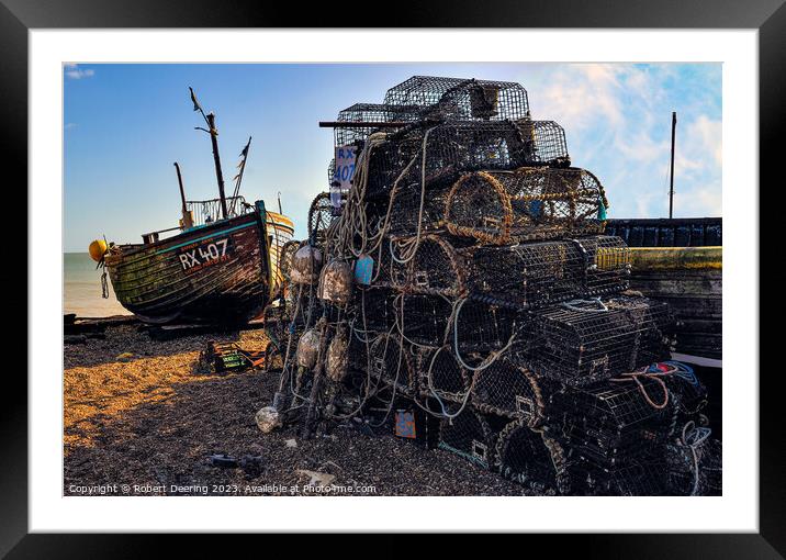 Lobster Pots and Fishing Boat Framed Mounted Print by Robert Deering