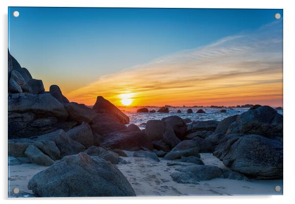 Sunset over rocks on the beach at Meneham Acrylic by Helen Hotson