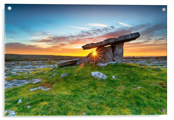 Sunset over Poulnabrone dolmen an ancient portal tomb in the Bur Acrylic by Helen Hotson