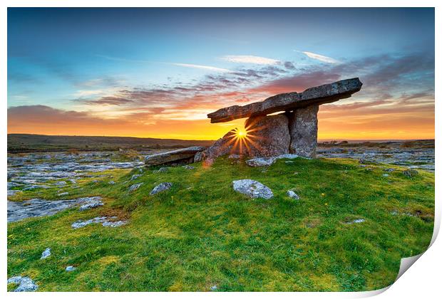 Sunset over Poulnabrone dolmen an ancient portal tomb in the Bur Print by Helen Hotson
