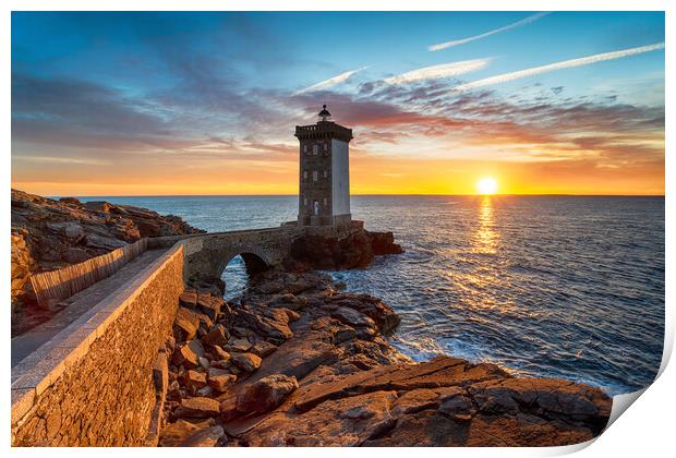 Sunset over the Lighthouse at Kermorvan Print by Helen Hotson