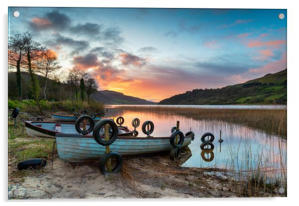 Beautiful sunrise over boats at Glencar Lough Acrylic by Helen Hotson