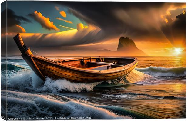 Small Boat Adrift in the Breathtaking Sunset Sky Canvas Print by Adrian Evans