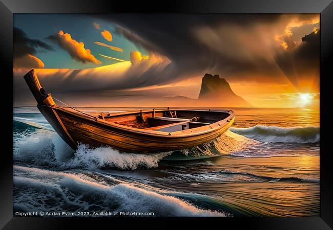 Small Boat Adrift in the Breathtaking Sunset Sky Framed Print by Adrian Evans