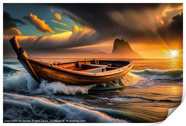 Small Boat Adrift in the Breathtaking Sunset Sky Print by Adrian Evans