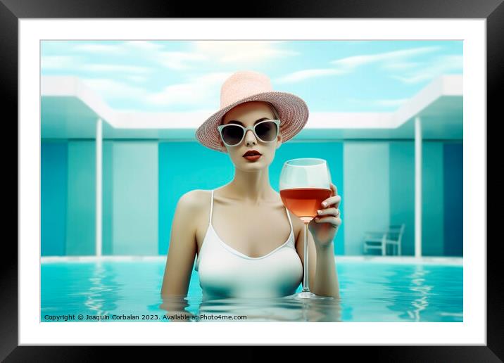 A voluptuous and elegant woman, in a vintage bathing suit, has a Framed Mounted Print by Joaquin Corbalan