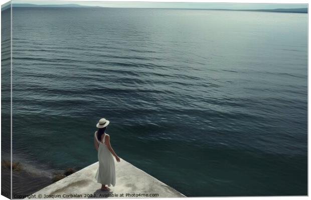 woman in the stunning dress walks fearlessly on the edge of the  Canvas Print by Joaquin Corbalan