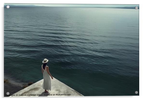 woman in the stunning dress walks fearlessly on the edge of the  Acrylic by Joaquin Corbalan