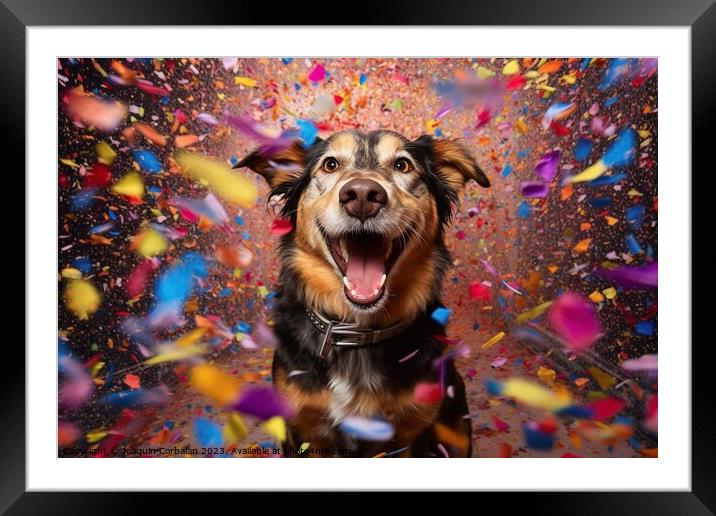 A dog full of joy surrounded by flying confetti. Ai generated. Framed Mounted Print by Joaquin Corbalan