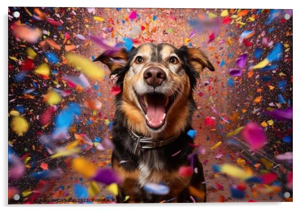 A dog full of joy surrounded by flying confetti. Ai generated. Acrylic by Joaquin Corbalan