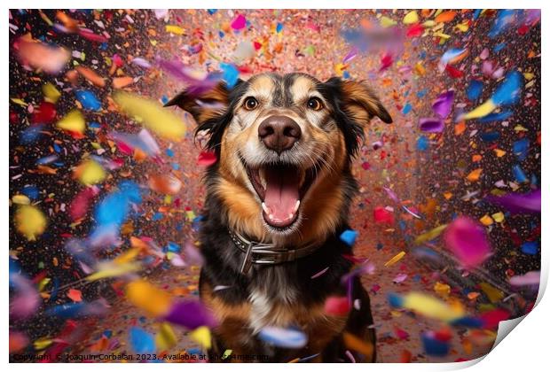A dog full of joy surrounded by flying confetti. Ai generated. Print by Joaquin Corbalan