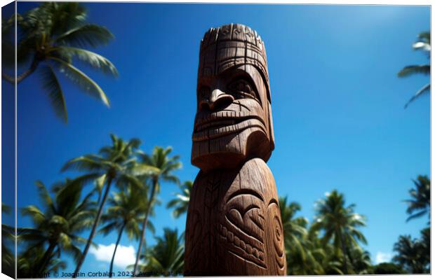 Tiki sculpture engraved in the wood Hawaiian religious motifs. A Canvas Print by Joaquin Corbalan