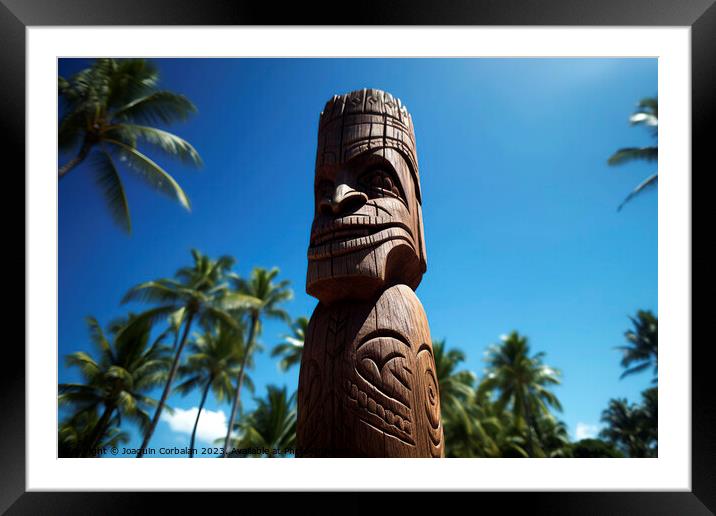 Tiki sculpture engraved in the wood Hawaiian religious motifs. A Framed Mounted Print by Joaquin Corbalan