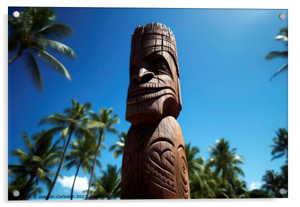 Tiki sculpture engraved in the wood Hawaiian religious motifs. A Acrylic by Joaquin Corbalan