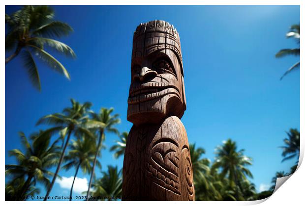 Tiki sculpture engraved in the wood Hawaiian religious motifs. A Print by Joaquin Corbalan