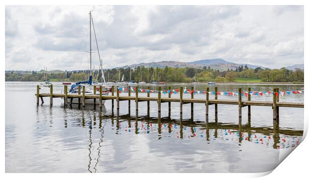 Red and white bunting reflects in Lake Windermere Print by Jason Wells