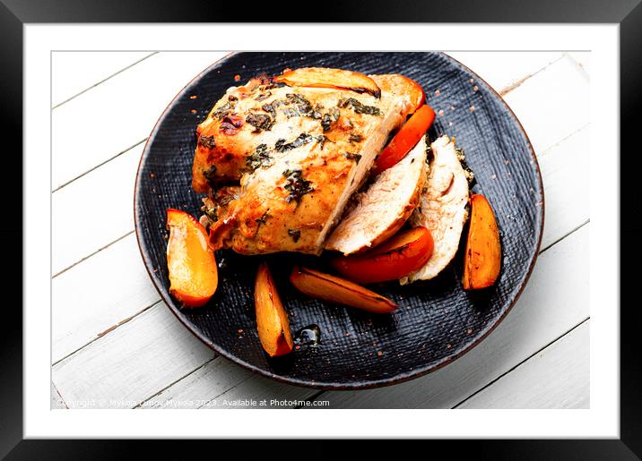 Roasted or grilled chicken breast with persimmons. Framed Mounted Print by Mykola Lunov Mykola