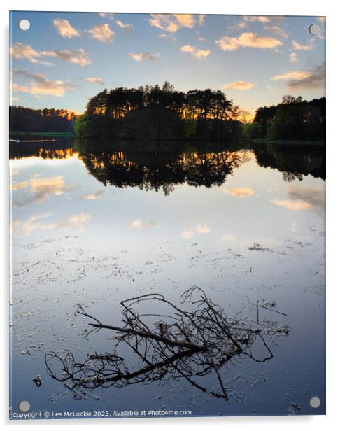 Lanark Loch Sunset water and branch Acrylic by Les McLuckie