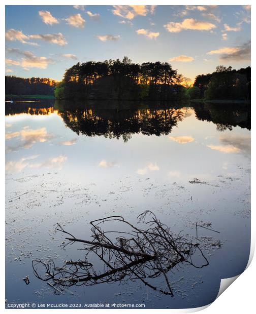 Lanark Loch Sunset water and branch Print by Les McLuckie