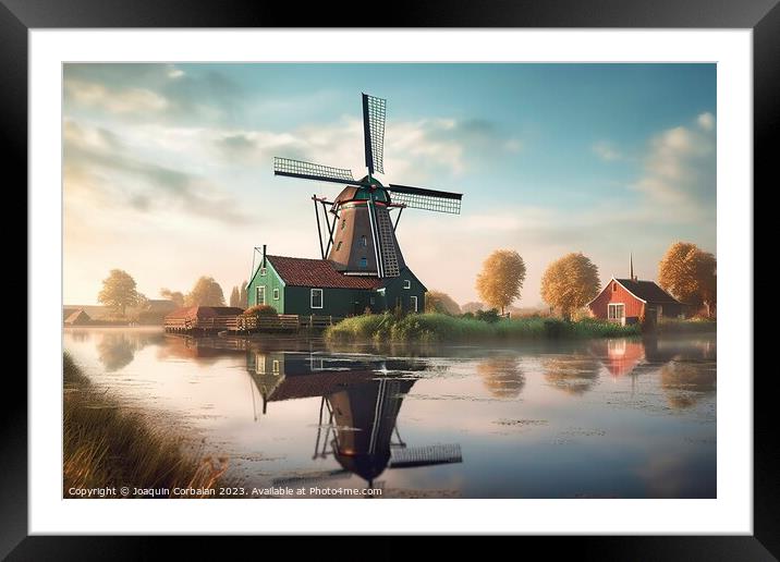 A timeless Dutch countryside scene with iconic windmills and ser Framed Mounted Print by Joaquin Corbalan