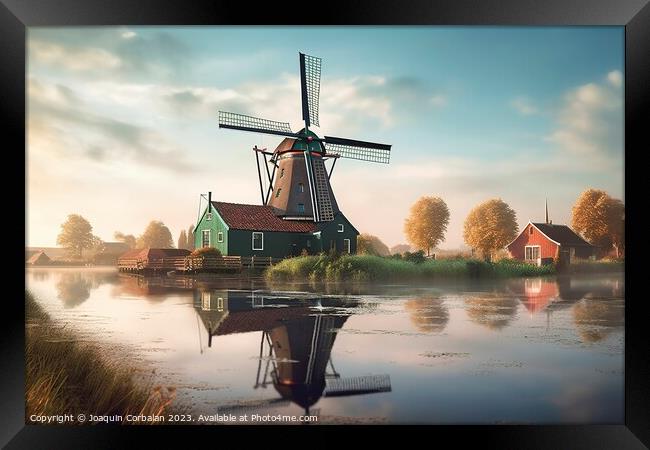 A timeless Dutch countryside scene with iconic windmills and ser Framed Print by Joaquin Corbalan