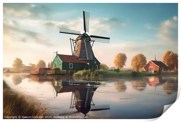 A timeless Dutch countryside scene with iconic windmills and ser Print by Joaquin Corbalan