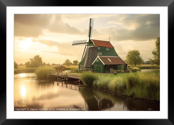 Rural landscape of traditional Dutch windmills. Ai generated. Framed Mounted Print by Joaquin Corbalan