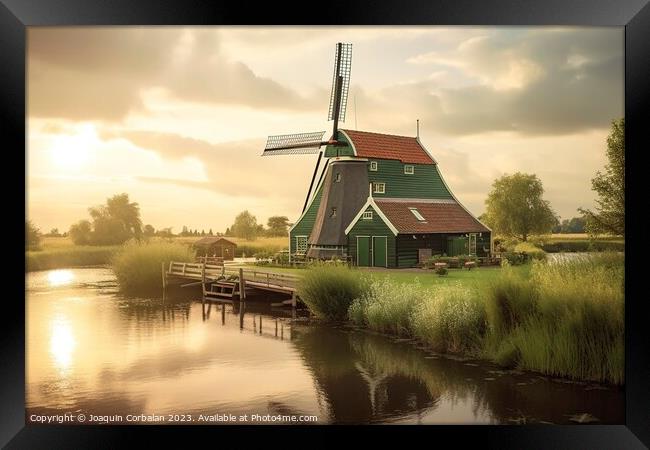 Rural landscape of traditional Dutch windmills. Ai generated. Framed Print by Joaquin Corbalan