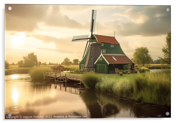 Rural landscape of traditional Dutch windmills. Ai generated. Acrylic by Joaquin Corbalan