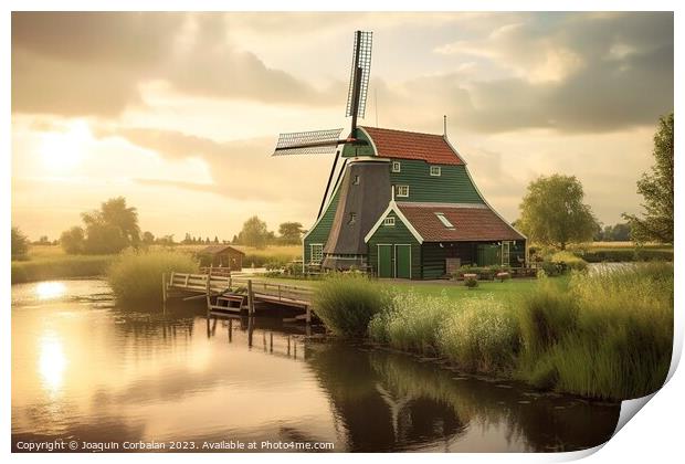 Rural landscape of traditional Dutch windmills. Ai generated. Print by Joaquin Corbalan