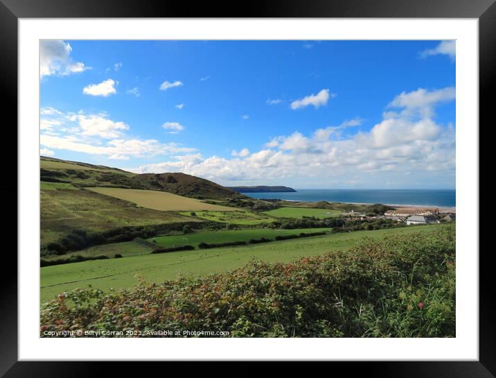 Woolacombe. Green fields and blue bay Framed Mounted Print by Beryl Curran