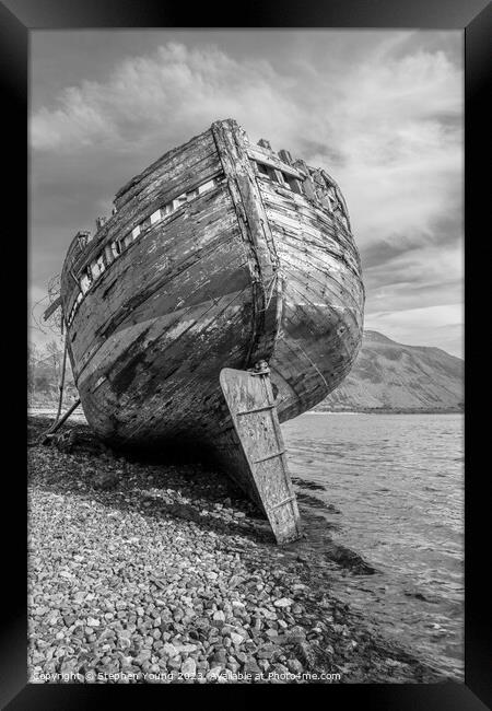Boat Wreck on River Lochy, Fort William, Scotland Framed Print by Stephen Young