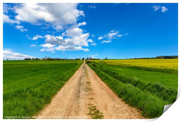 Rural dirt road among fields under the blue sky. Print by Sergey Fedoskin