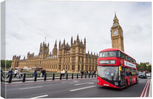 Red London bus crossing Westminster Bridge Canvas Print by Jason Wells