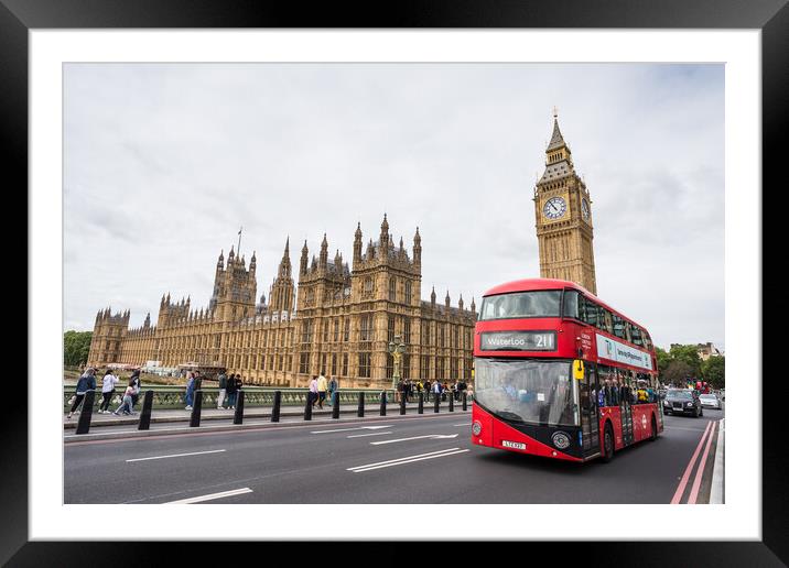 Red London bus crossing Westminster Bridge Framed Mounted Print by Jason Wells