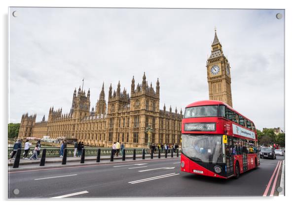 Red London bus crossing Westminster Bridge Acrylic by Jason Wells