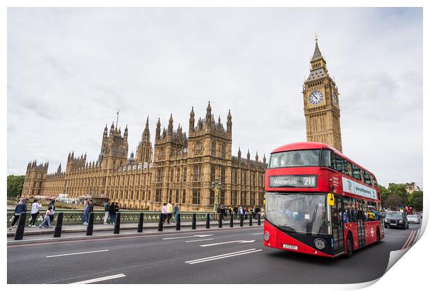 Red London bus crossing Westminster Bridge Print by Jason Wells