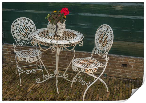 Old table and chairs in Zaanse Schans Print by Veronika Druzhnieva