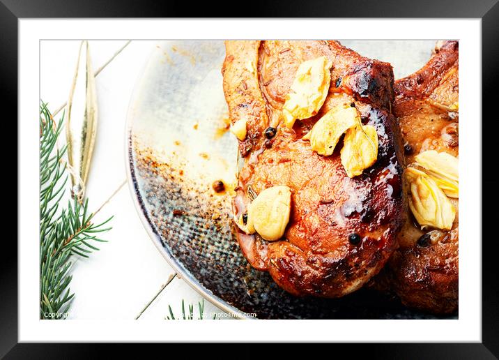 Grilled meat steak for christmas, BBQ. Framed Mounted Print by Mykola Lunov Mykola