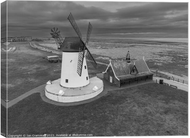 Monochrome Lytham windmill on a cloudy day  Canvas Print by Ian Cramman