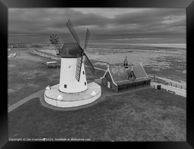 Monochrome Lytham windmill on a cloudy day  Framed Print by Ian Cramman