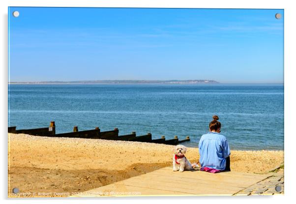 Girl With Dog on Beach Acrylic by Robert Deering