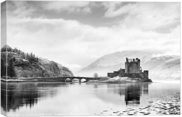 Eilean Donan Castle in Black and White Canvas Print by Justin Foulkes
