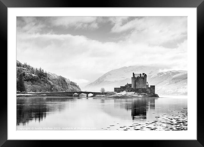 Eilean Donan Castle in Black and White Framed Mounted Print by Justin Foulkes