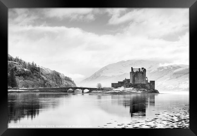 Eilean Donan Castle in Black and White Framed Print by Justin Foulkes